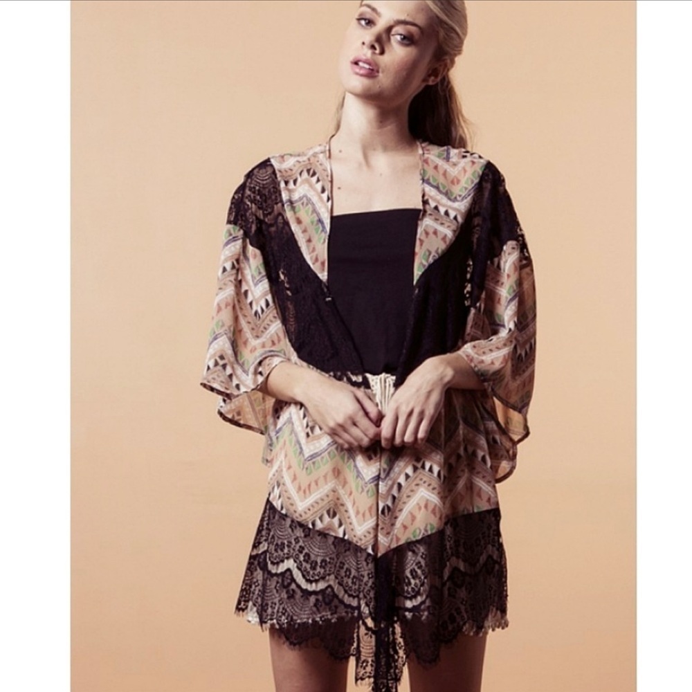 Ethnic Print Embroidered Lace Kimono